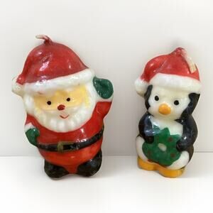 Vintage Wax Santa And Penguin Candles Christmas Holidays No-Maker Mark